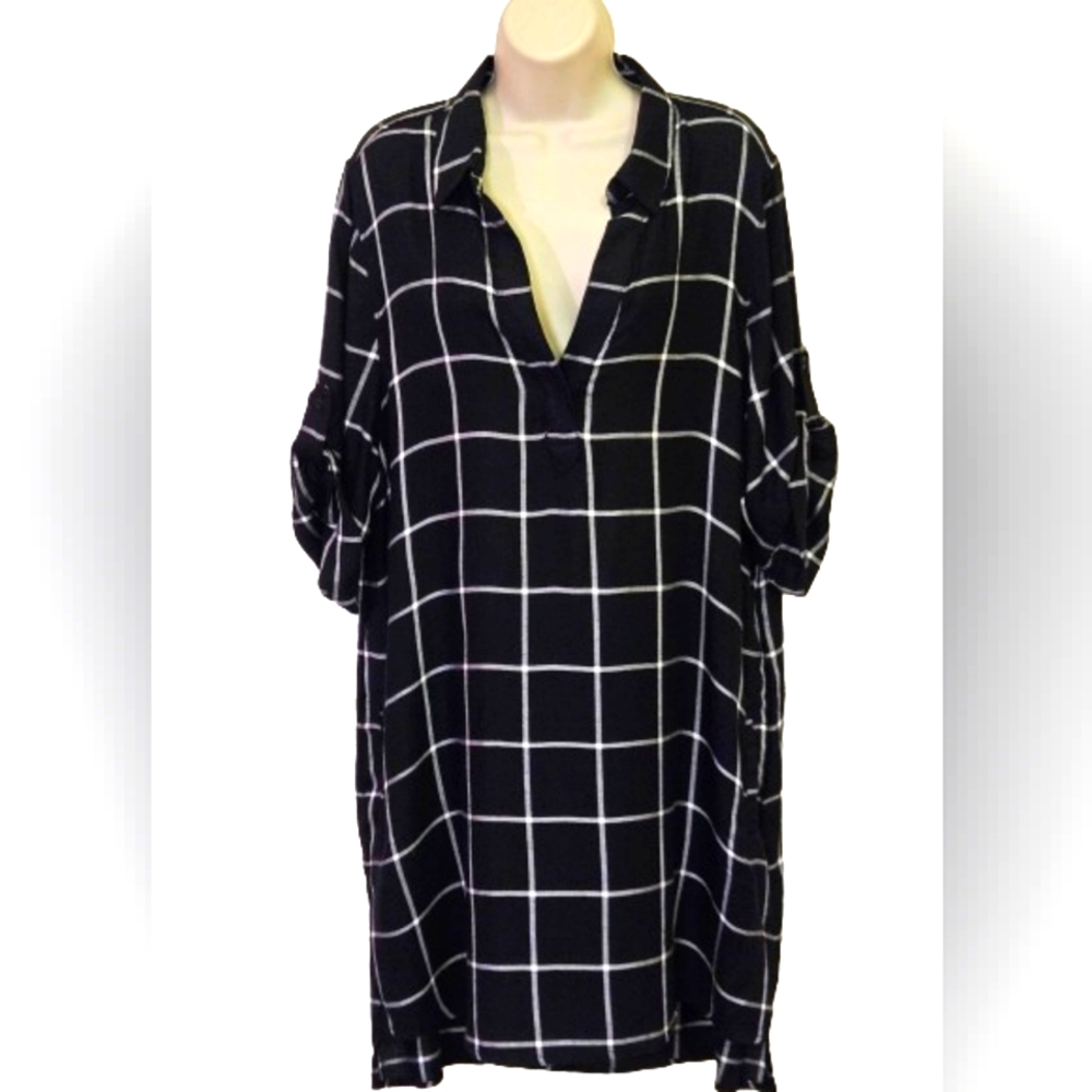 Chelsea & Theodore Black & White Check Grid Print Shirt Dress, X-Large,NWT